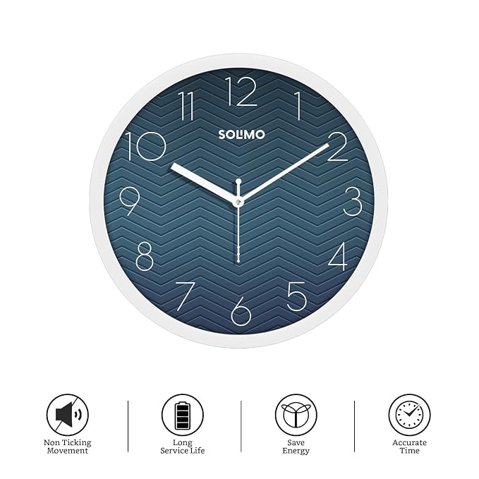 Amazon Brand - Solimo 11-Inch Classic & Modern and Stylish Silent Movement Wall Clock - White & Blue - Analog, Plastic - Image 3
